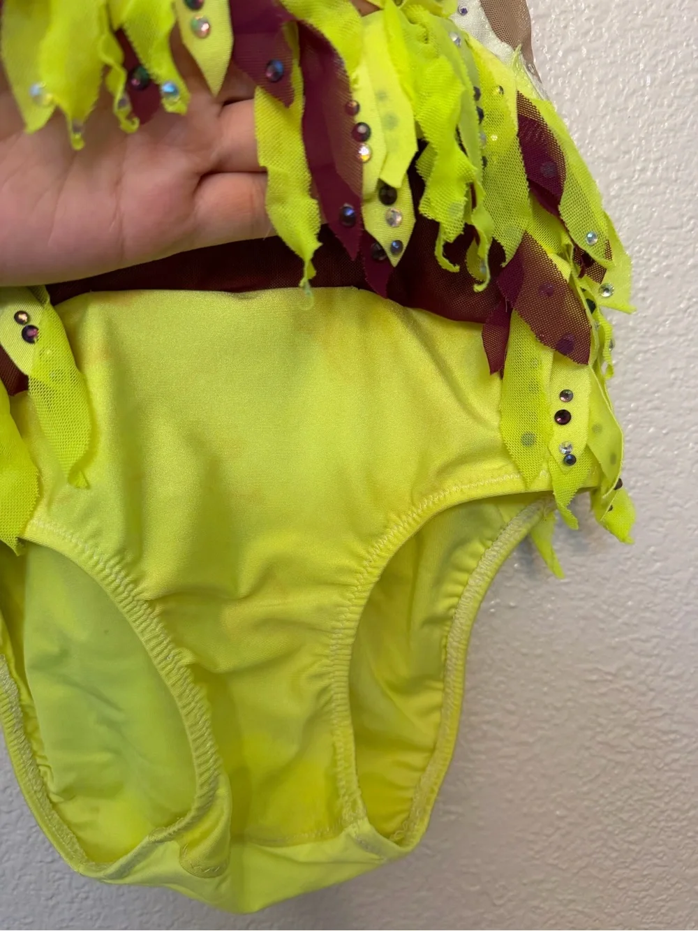 Custom Hand Painted Rhythmic Gymnastic Costume Neon Lime Purple Rhinestone CM CL